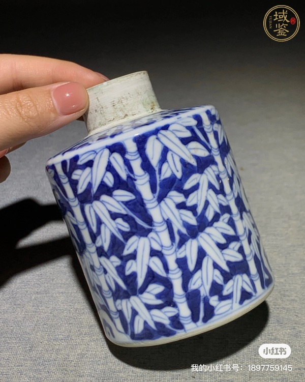 古玩陶瓷青花留白竹報(bào)平安圖茶葉罐真品鑒賞圖