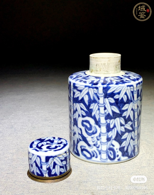 古玩陶瓷青花留白竹報(bào)平安圖茶葉罐真品鑒賞圖