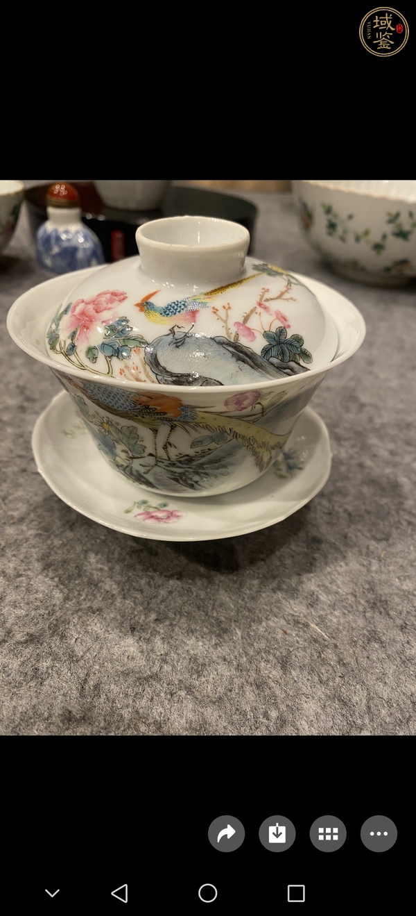 古玩陶瓷錦雞牡丹紋粉彩三才蓋碗真品鑒賞圖