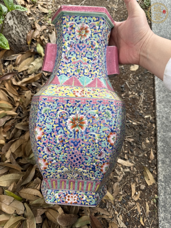 古玩陶瓷粉彩花卉紋貫耳瓶真品鑒賞圖