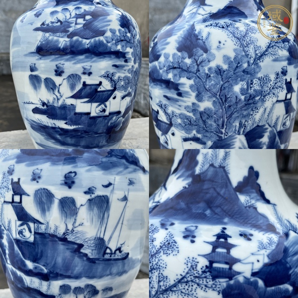 古玩陶瓷青花山水人物紋撇口瓶真品鑒賞圖