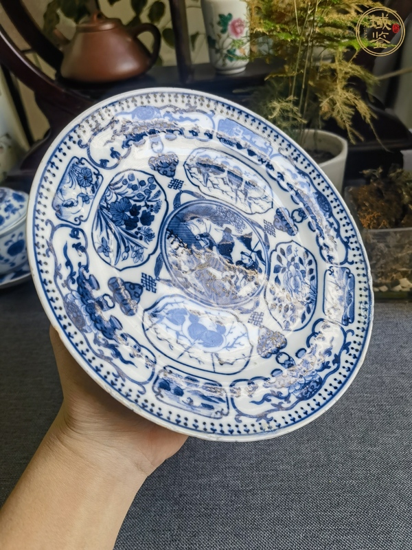 古玩陶瓷青花山水人物紋折腰盤真品鑒賞圖