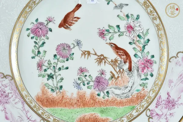 古玩陶瓷粉彩花鳥紋盤，模糊，偏老真品鑒賞圖