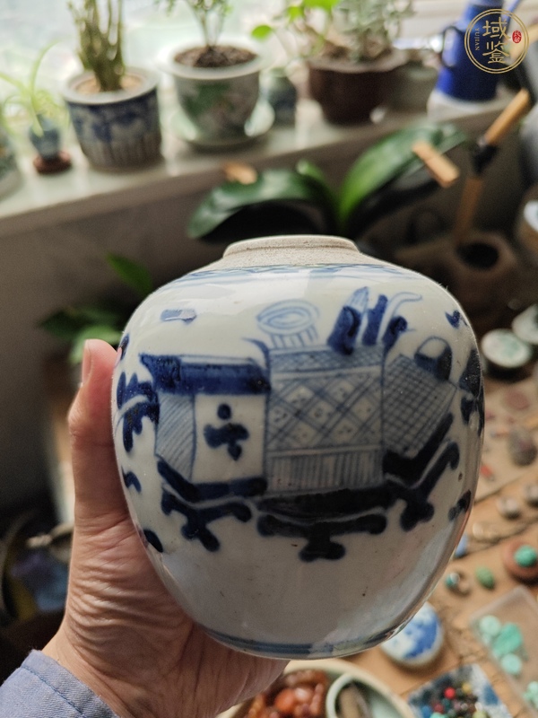 古玩陶瓷清中期青花博古小罐真品鑒賞圖
