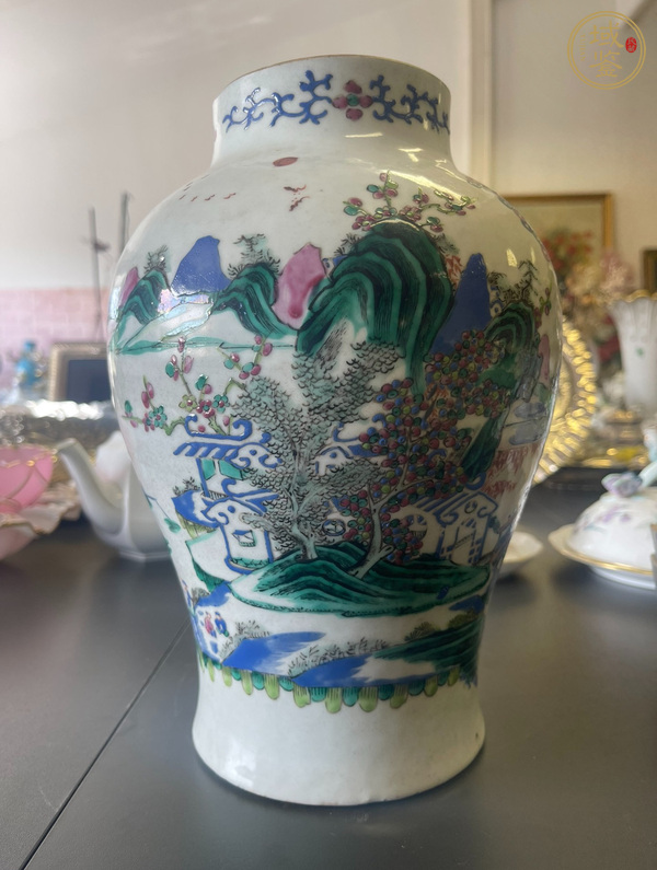 古玩陶瓷清中期 粉彩山水紋將軍罐真品鑒賞圖