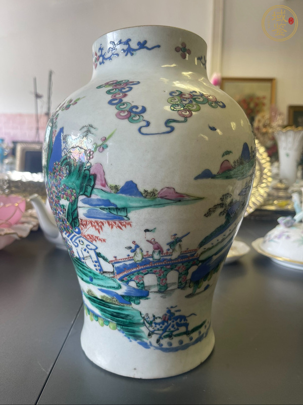 古玩陶瓷清中期 粉彩山水紋將軍罐真品鑒賞圖
