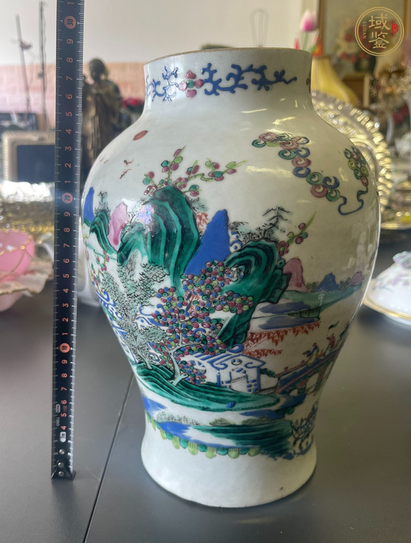 古玩陶瓷清中期 粉彩山水紋將軍罐真品鑒賞圖