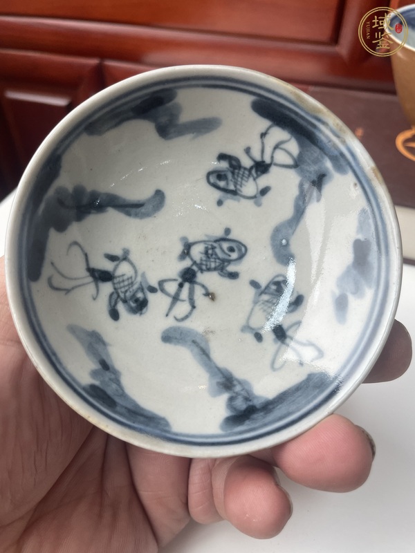 古玩陶瓷外紫金釉內(nèi)青花魚藻紋蓋碗真品鑒賞圖