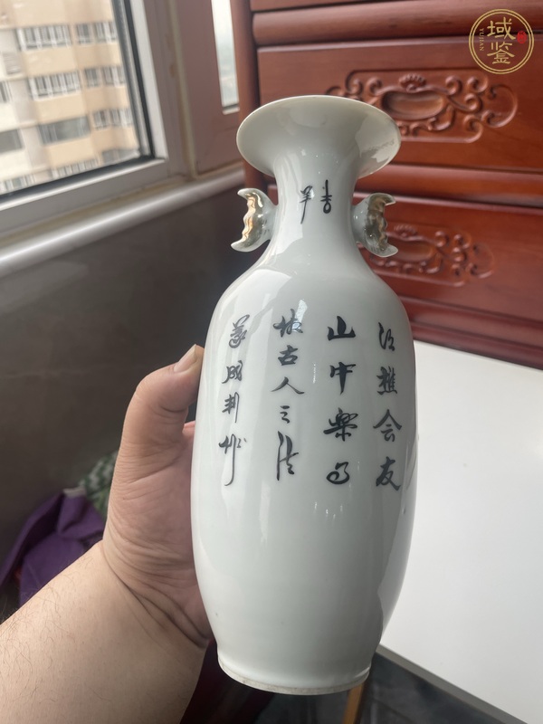 古玩陶瓷樵漁問答雙福耳撇口瓶真品鑒賞圖