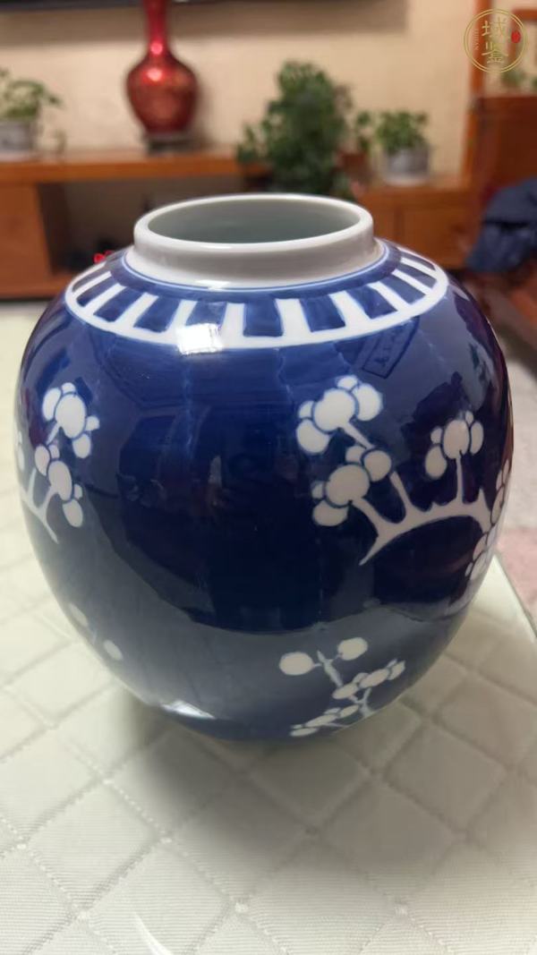 古玩陶瓷青花留白梅紋罐真品鑒賞圖