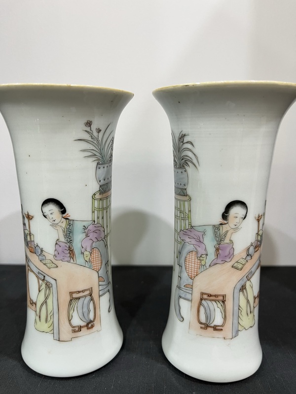 古玩轉(zhuǎn)賣(mài)淺降彩仕女人物花觚一對(duì)拍賣(mài)，當(dāng)前價(jià)格2988元