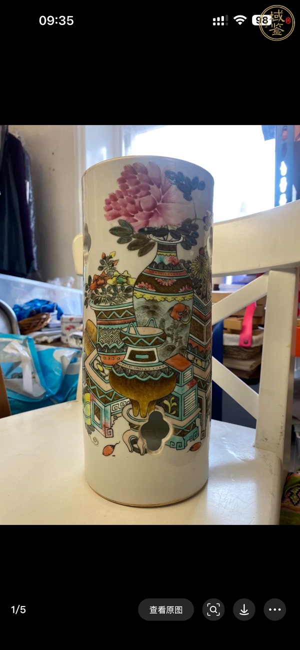 古玩陶瓷晚清淺降彩博古圖開窗帽筒真品鑒賞圖