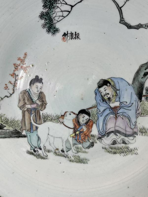 古玩陶瓷清末民初油粉彩（黃耳傳書(shū)）大盤(pán)（35cm）拍賣(mài)，當(dāng)前價(jià)格18888元