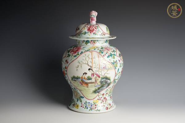 古玩陶瓷民國·綠地軋道粉彩花卉開窗仕女嬰戲紋將軍罐真品鑒賞圖