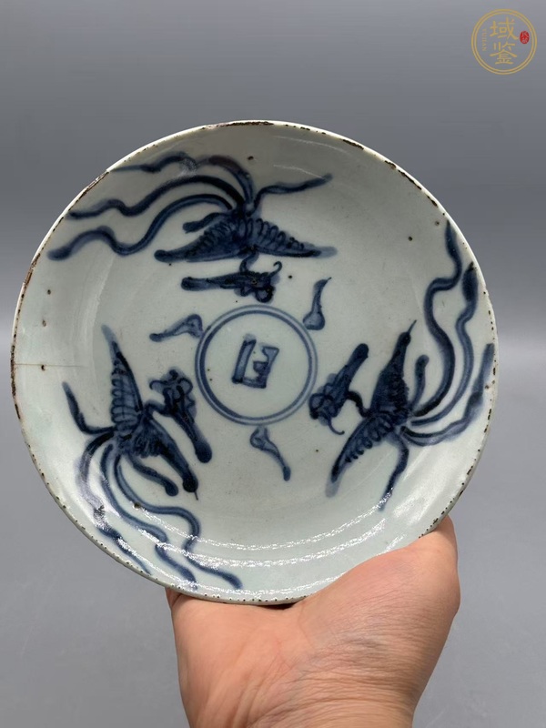 古玩陶瓷三鳳紋青花盤真品鑒賞圖