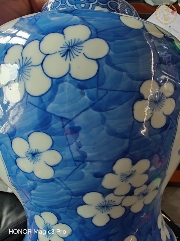 古玩陶瓷青花留白梅紋開光山水紋將軍罐真品鑒賞圖