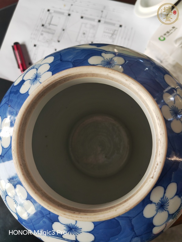 古玩陶瓷青花留白梅紋開光山水紋將軍罐真品鑒賞圖