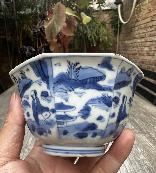 古玩陶瓷青花人物故事八方杯真品鑒賞圖