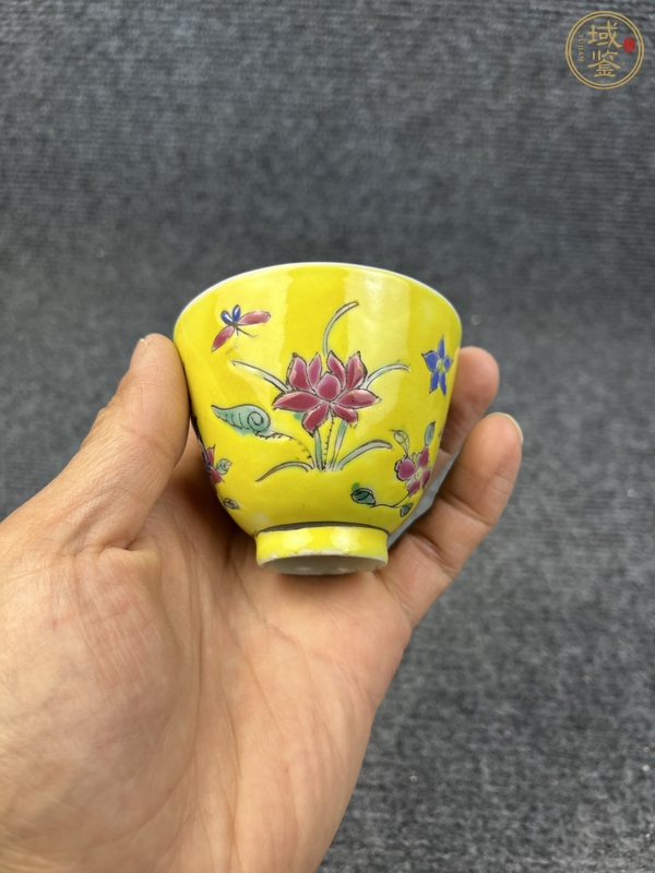 古玩陶瓷內(nèi)松石綠釉外黃地粉彩花卉紋杯真品鑒賞圖
