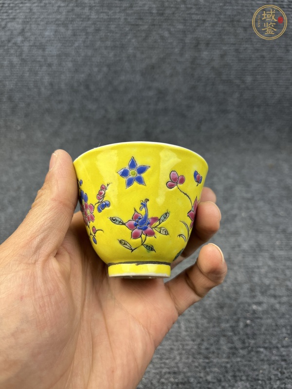 古玩陶瓷內(nèi)松石綠釉外黃地粉彩花卉紋杯真品鑒賞圖