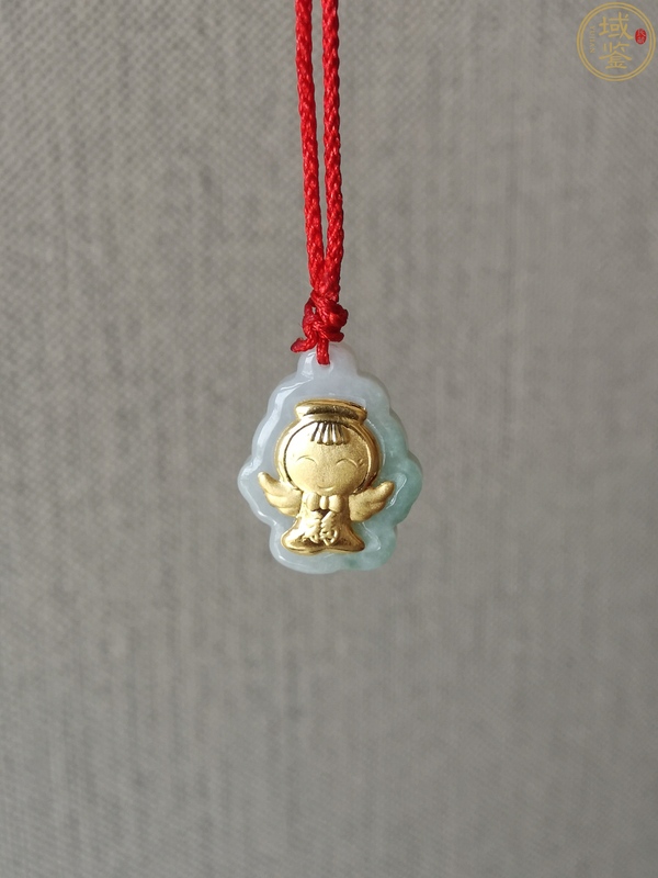 古玩玉器天然翡翠帶綠鑲嵌金福娃掛件拍賣，當前價格298元