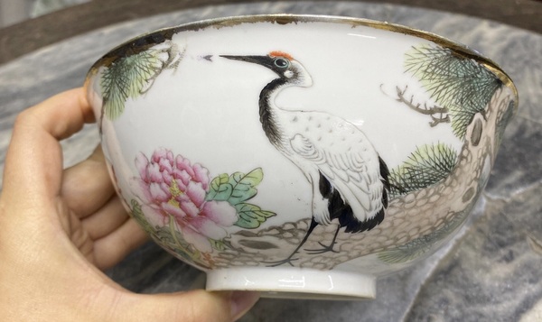 古玩陶瓷粉彩松鶴延年圖茶碗拍賣(mài)，當(dāng)前價(jià)格704元