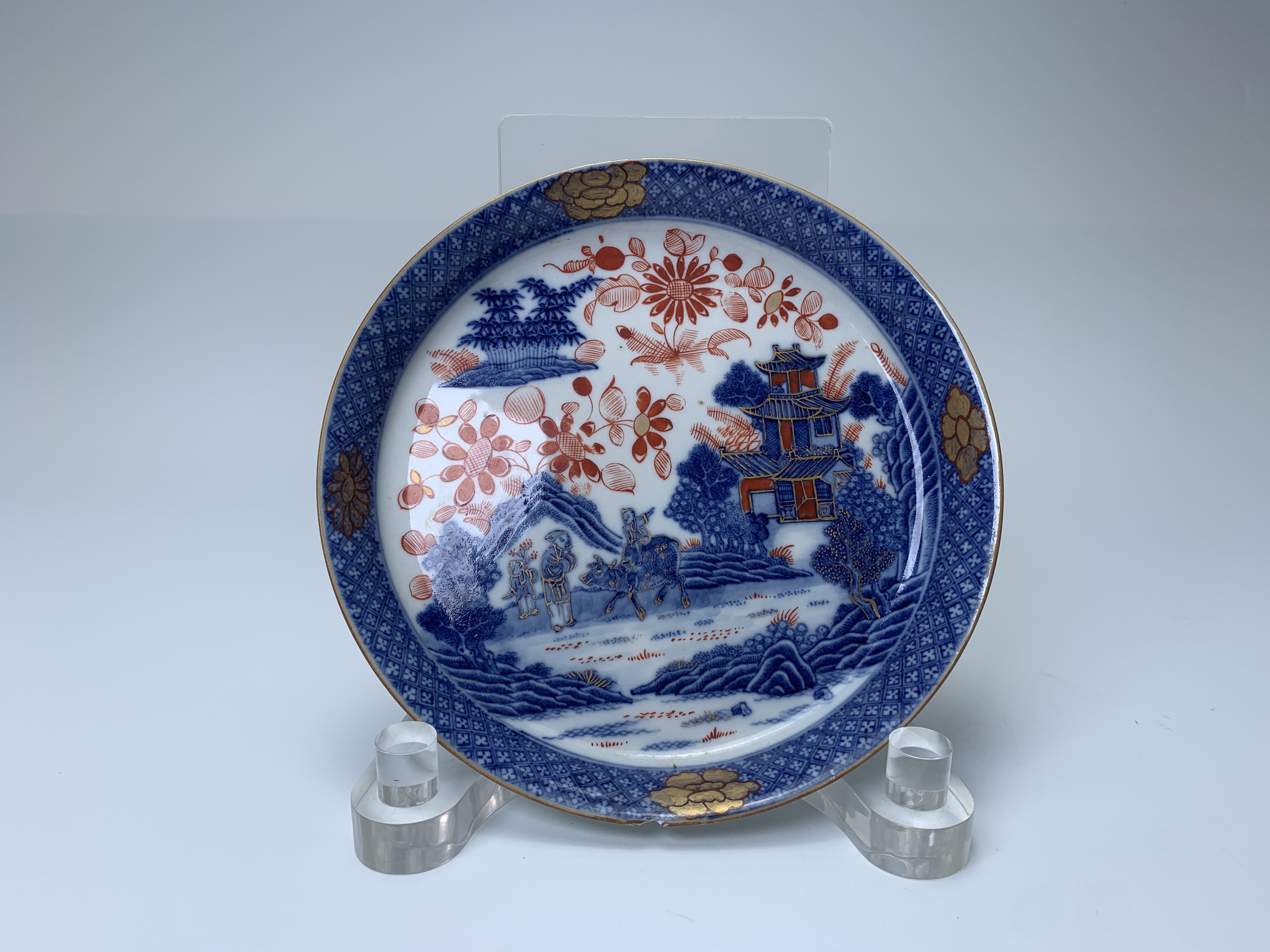 域鉴古玩】清乾隆·青花描金牧牛童子楼阁纹镗锣洗拍卖价格/图片