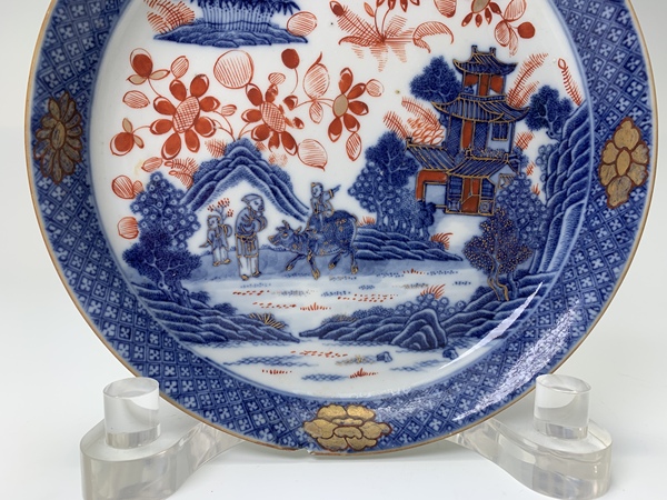 古玩陶瓷清乾隆·青花描金牧牛童子樓閣紋鏜鑼洗拍賣，當(dāng)前價格108元