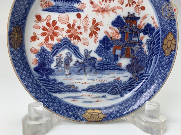 古玩陶瓷清乾隆·青花描金牧牛童子樓閣紋鏜鑼洗真品鑒賞圖