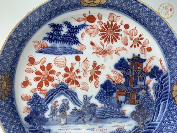 古玩陶瓷清乾隆·青花描金牧牛童子樓閣紋鏜鑼洗真品鑒賞圖