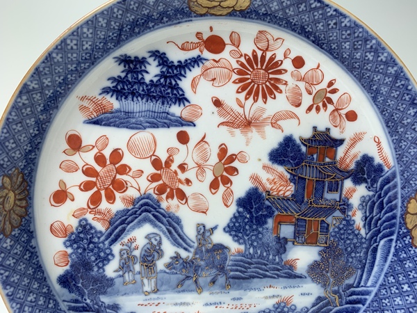 古玩陶瓷清乾隆·青花描金牧牛童子樓閣紋鏜鑼洗拍賣，當(dāng)前價格108元
