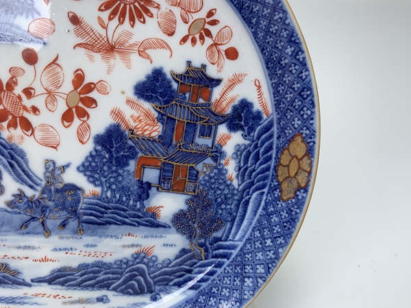 古玩陶瓷清乾隆·青花描金牧牛童子樓閣紋鏜鑼洗拍賣，當(dāng)前價格108元