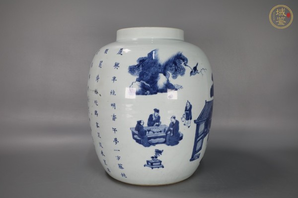 古玩陶瓷清康熙-雍正 青花人物詩(shī)文罐真品鑒賞圖