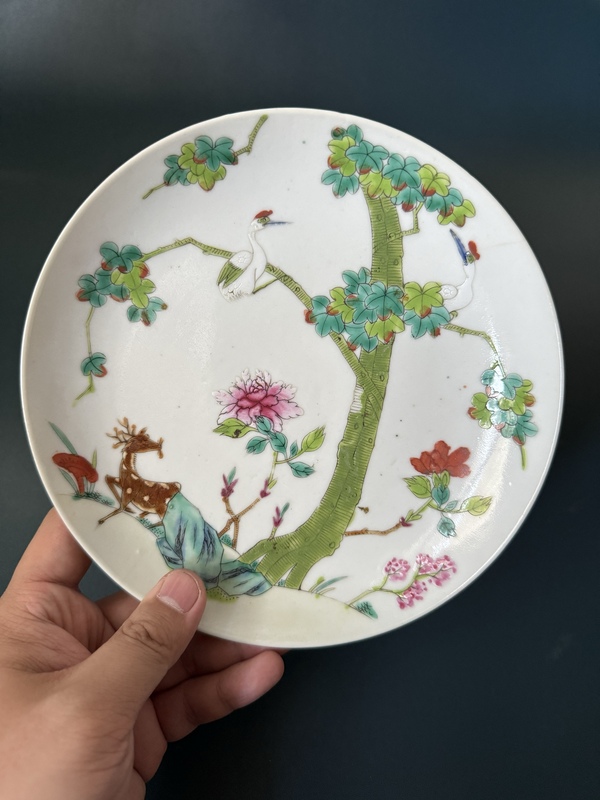 古玩轉(zhuǎn)賣清·道光鶴鹿同春粉彩盤拍賣，當(dāng)前價格2500元