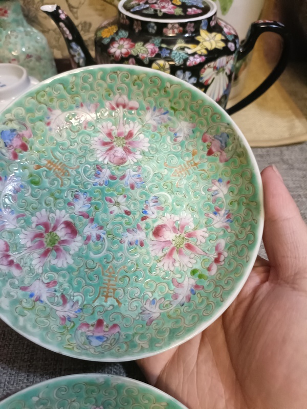 古玩陶瓷民國松石綠地粉彩福壽紋盤拍賣,當前價格3888元
