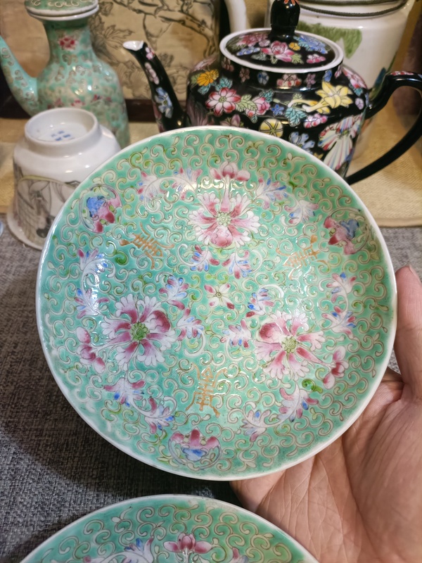 古玩陶瓷民國松石綠地粉彩福壽紋盤拍賣,當前價格3888元