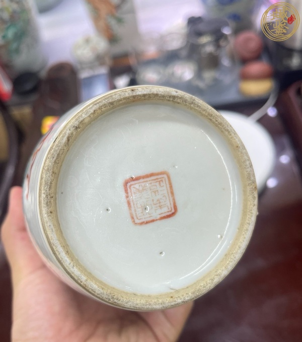 古玩陶瓷晚清釩紅彩獅子戲繡球尺瓶真品鑒賞圖