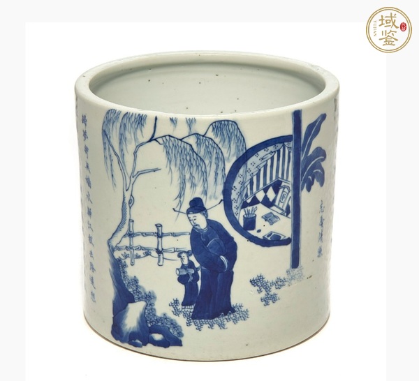 古玩陶瓷人物詩紋青花筆筒真品鑒賞圖