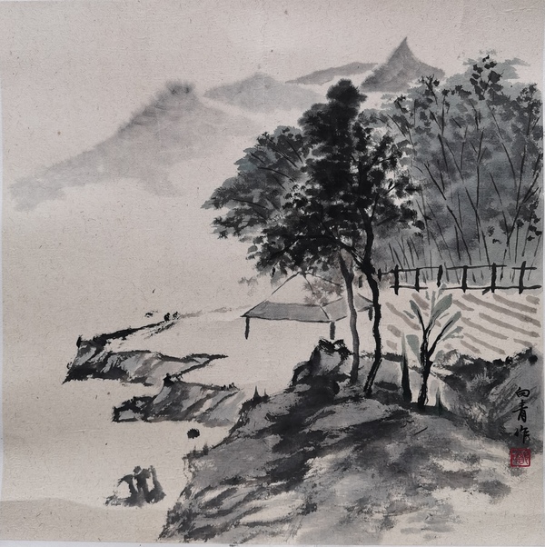 古玩字畫浙江杭州大隱畫社會員鄭向青山水拍賣,當前價格299元