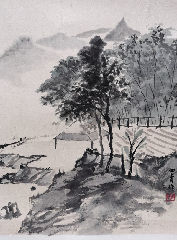 古玩字畫浙江杭州大隱畫社會員鄭向青山水拍賣,當前價格299元