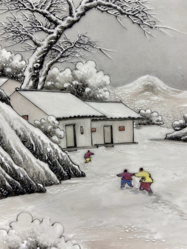 古玩陶瓷民國解放初余文襄風(fēng)格粉彩雪景山水人物盤拍賣，當(dāng)前價格100000元