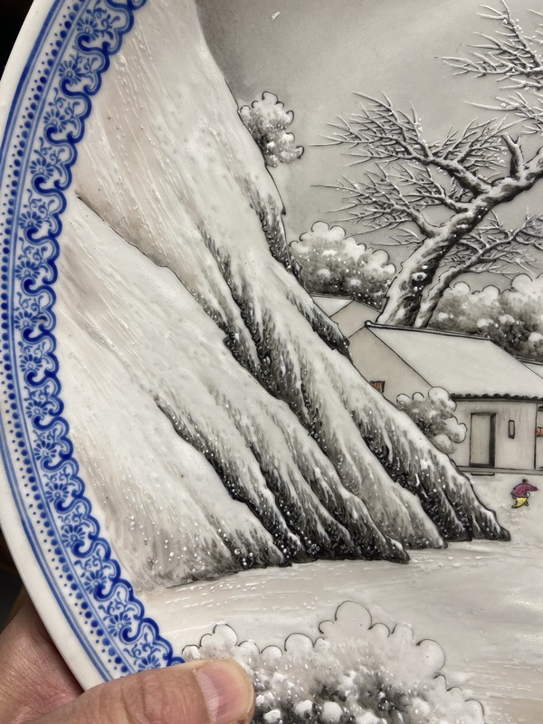 古玩陶瓷民國解放初余文襄風(fēng)格粉彩雪景山水人物盤拍賣，當(dāng)前價格100000元