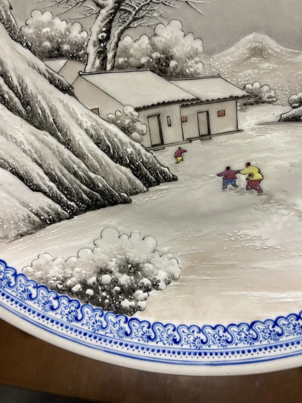 古玩陶瓷民國解放初余文襄風(fēng)格粉彩雪景山水人物盤拍賣，當(dāng)前價格100000元