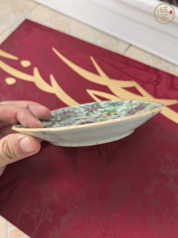 古玩陶瓷豆青釉廣彩花鳥紋盤真品鑒賞圖
