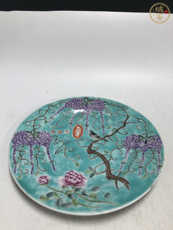 古玩民國解放初·大雅齋風(fēng)格松石綠地粉彩花鳥紋盤真品鑒賞圖