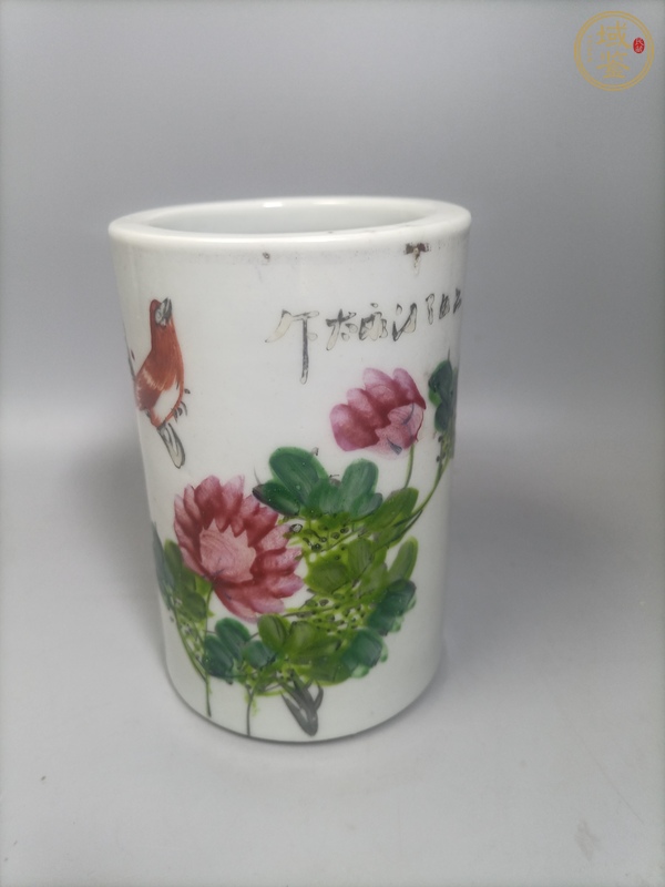 古玩陶瓷淺絳彩花鳥紋文房筆筒真品鑒賞圖