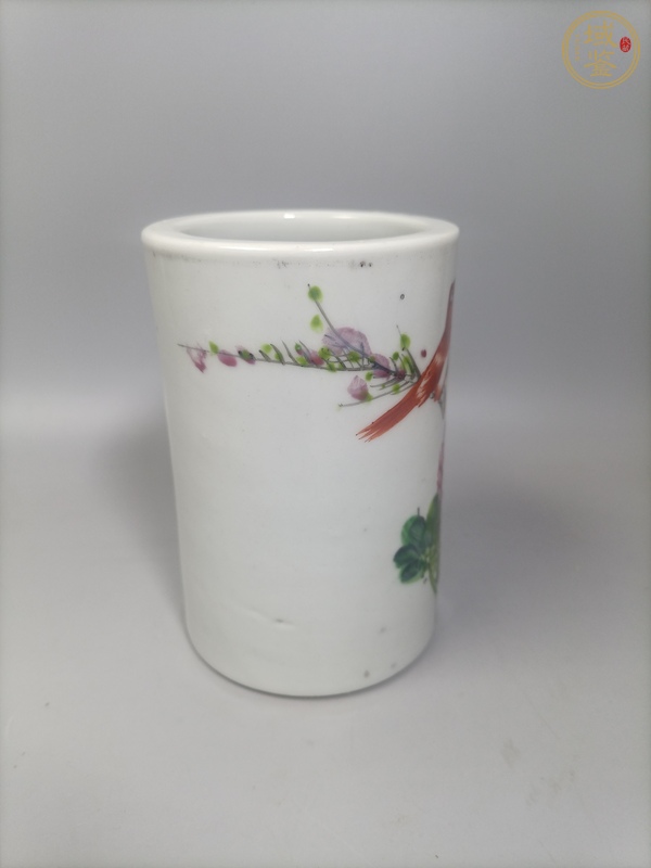 古玩陶瓷淺絳彩花鳥紋文房筆筒真品鑒賞圖