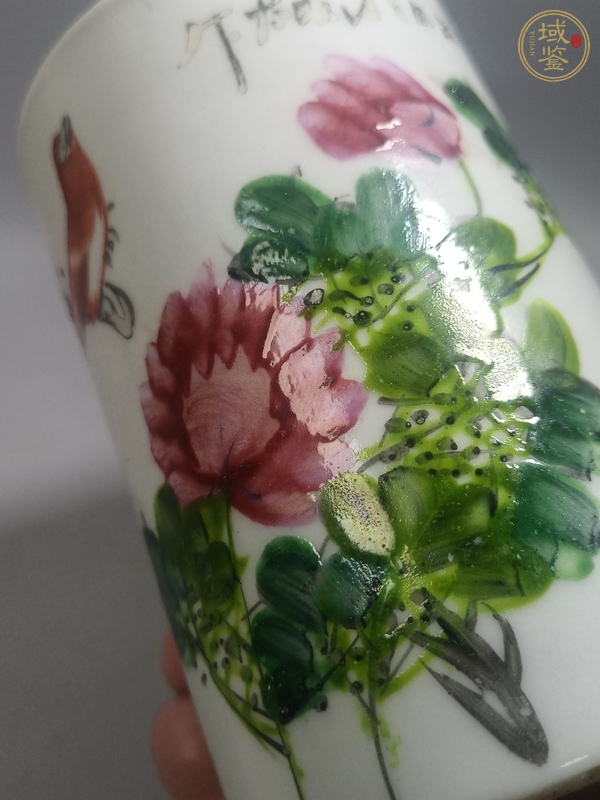 古玩陶瓷淺絳彩花鳥紋文房筆筒真品鑒賞圖