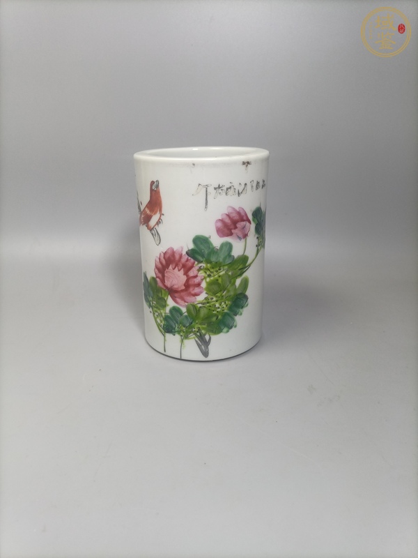 古玩淺絳彩花鳥紋文房筆筒真品鑒賞圖