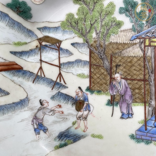 古玩陶瓷清道光粉彩人物故事圖倭角盤真品鑒賞圖